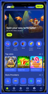 Lobi DK88 Casino dengan slot, meja langsung dan sukan pada telefon
